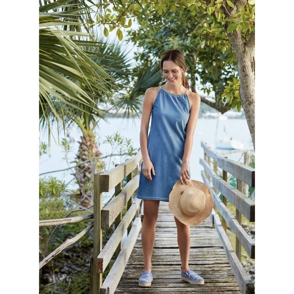 EUC J. MCLAUGHLIN Maria Denim Stretch Rope Halter Shift Dress Size Medium